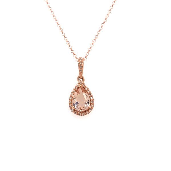 14K Rose Gold Pear Morganite Halo Necklace Armentor Jewelers New Iberia, LA