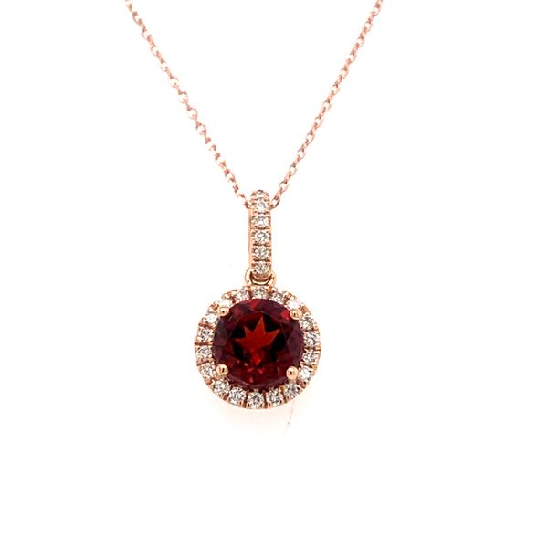 14K Rose Gold Round Garnet Halo Necklace  Armentor Jewelers New Iberia, LA