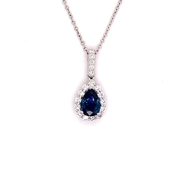14K White Gold Pear Shape Blue Sapphire and Diamond Pendant Barron's Fine Jewelry Snellville, GA