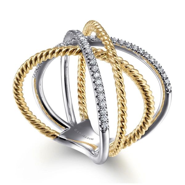 14K White-Yellow Gold Twisted Rope and Diamond Criss Cross Ring Image 3 Classic Creations In Diamonds & Gold Venice, FL