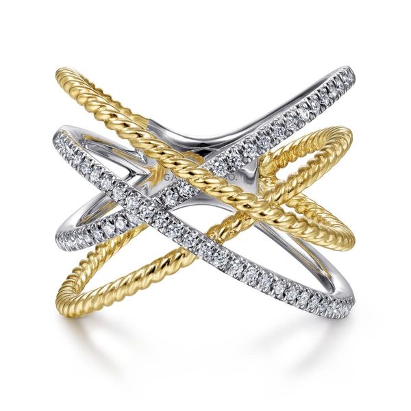 14K White-Yellow Gold Twisted Rope and Diamond Criss Cross Ring Classic Creations In Diamonds & Gold Venice, FL