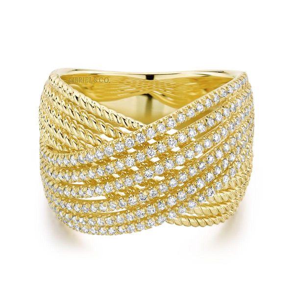 14K Yellow Gold Wide Twisted Rope and Diamond Channel Criss Cross Ring Classic Creations In Diamonds & Gold Venice, FL
