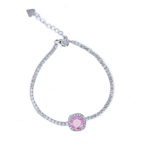 Sterling Silver CZ Bracelet with Lavendar CZ Princess Set Halo Confer’s Jewelers Bellefonte, PA