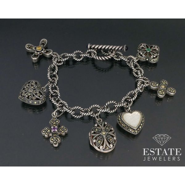 Estate Sterling Marcasite Multi Charm Cable Link Bracelet 41g 7.75"L i13906 Estate Jewelers Toledo, OH