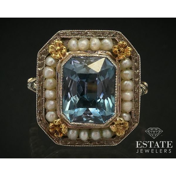 Antique Deco 14k Gold Blue Spinel & Seed Pearl Filigree Ring 5.7g i14199 Estate Jewelers Toledo, OH