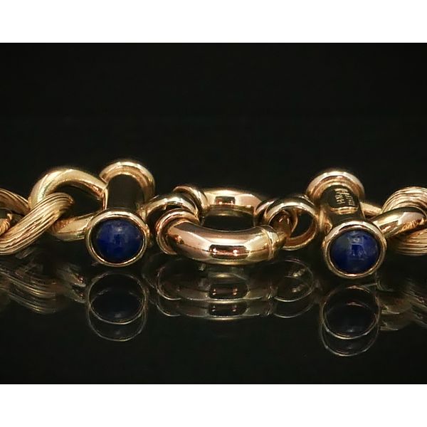 14k Yellow Gold 8mm Curb Chain Link Lapis Bracelet 9.8g 8"L i11749 Image 2 Estate Jewelers Toledo, OH