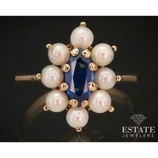 Antique 10k Yellow Gold Blue Stone & 3mm Pearl Ballerina Ring 2.9g i14747 Estate Jewelers Toledo, OH