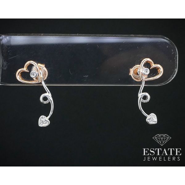 14k Rose & White Gold Natural Diamond Open Heart Dangle Earrings 1.9g i13716 Estate Jewelers Toledo, OH