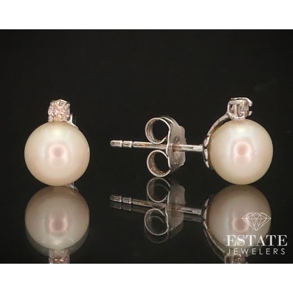 14k White Gold 6.7mm Cultured Pearl & Diamond Stud Earrings 1.5g i14951 Estate Jewelers Toledo, OH