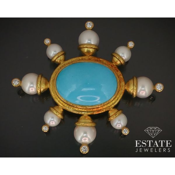 18k Yellow Gold Elizabeth Locke Turquoise Diamond Pearl Fur Brooch 33g i14888 Estate Jewelers Toledo, OH