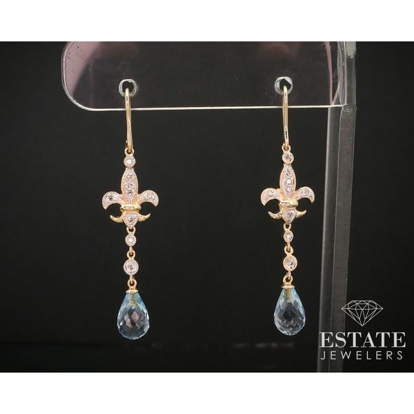 14k Yellow Gold Fleur De Lis Blue Topaz & Diamond Dangle Earrings 3.6g i14139 Estate Jewelers Toledo, OH