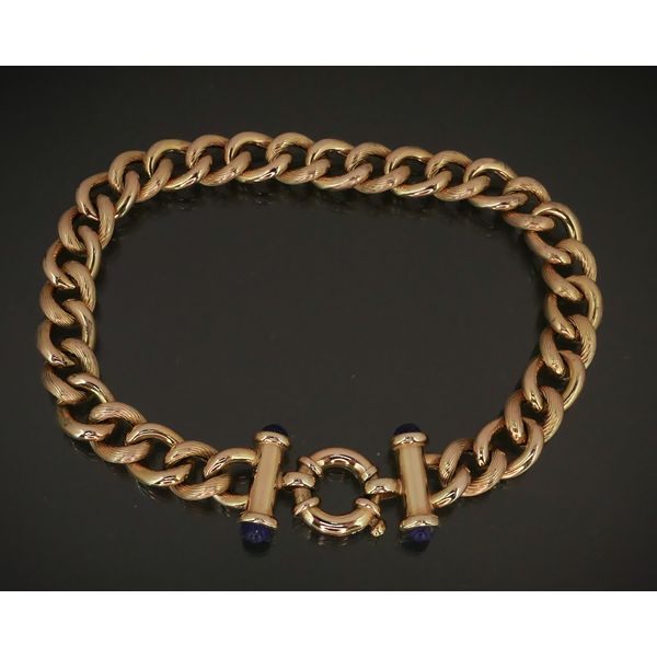 14k Yellow Gold 8mm Curb Chain Link Lapis Bracelet 9.8g 8"L i11749 Estate Jewelers Toledo, OH