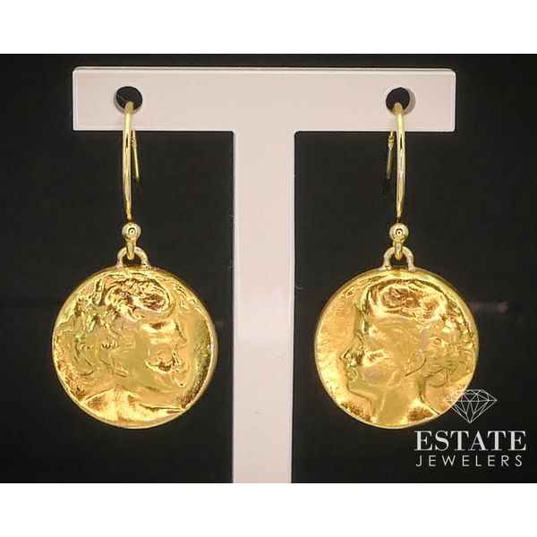 Antique Nouveau 18k Yellow Gold Cherub Goddess Disk Dangle Earrings 7.7g i14763 Estate Jewelers Toledo, OH