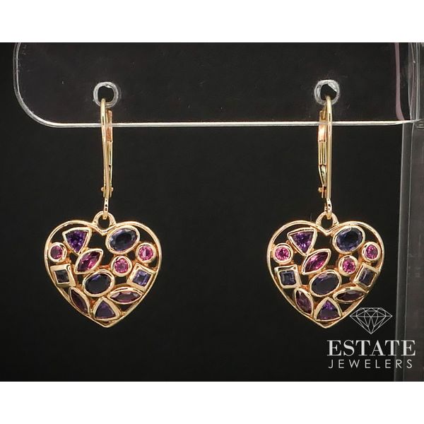 14k Yellow Gold Natural Multi Gem & Diamond Heart Dangle Earrings 4.4g i14163 Estate Jewelers Toledo, OH