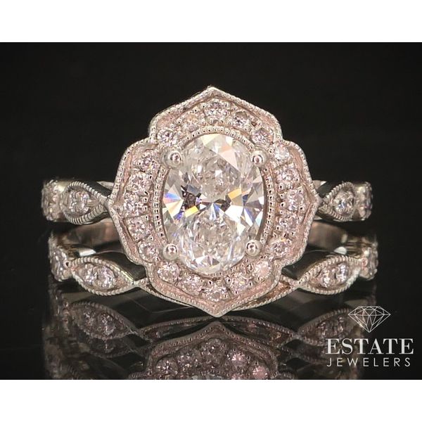 14k White Gold IGI Oval 1.50ctw Lab Created Diamond Halo Wedding Set 5.8g i14527 Estate Jewelers Toledo, OH