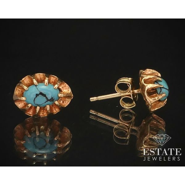 Vintage 14k Yellow Gold Turquoise Belcher Stud Earrings 1.5g i14898 Estate Jewelers Toledo, OH