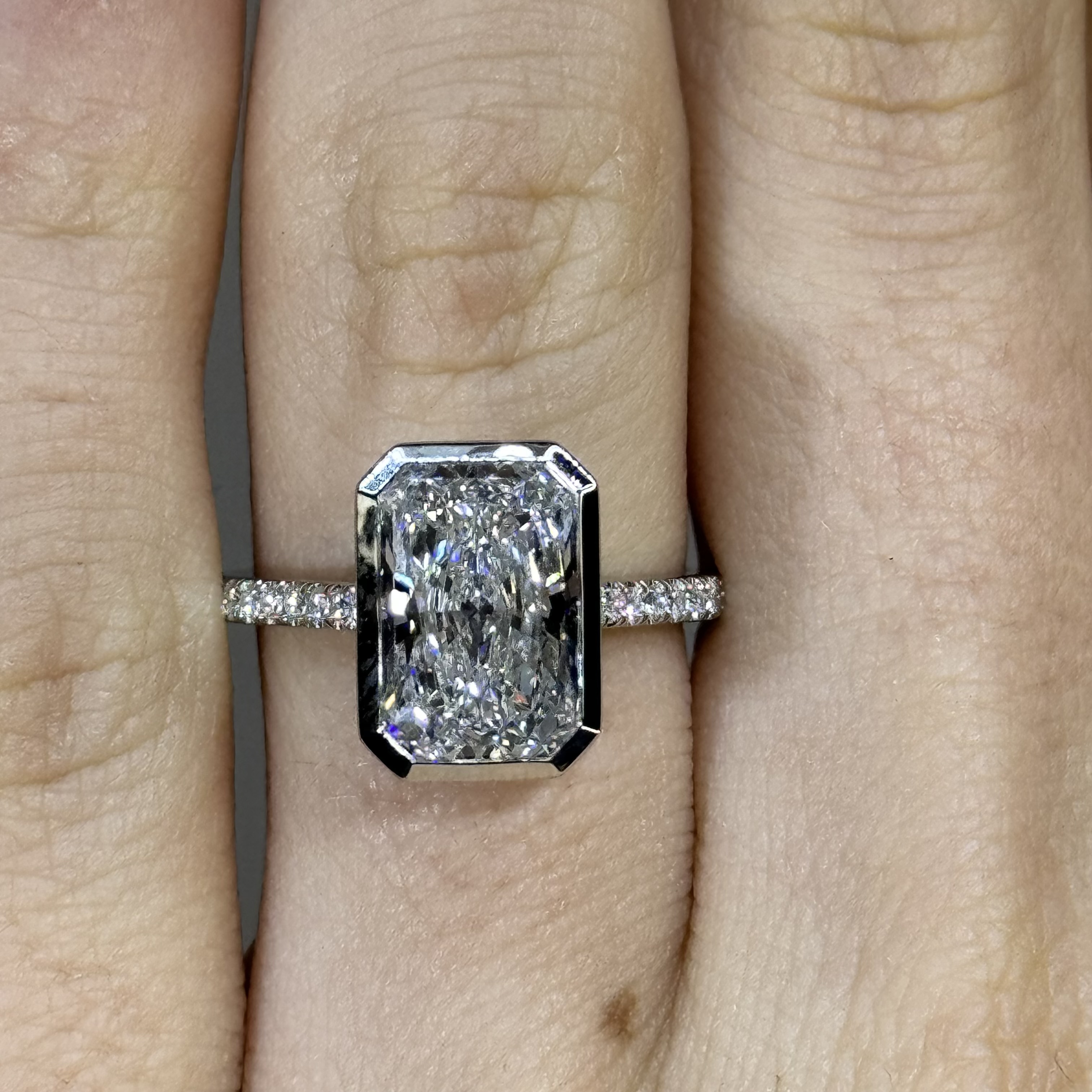 GIA 3.43 E VS2 Radiant "Dakotah" Engagement Ring Image 3 Forever Diamonds New York, NY