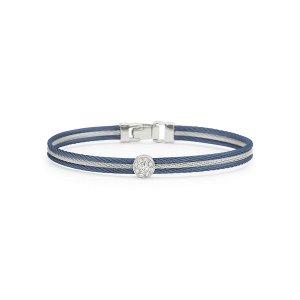 ALOR Blueberry & Grey Cable Classic Stackable Bracelet with Round Diamond Station George Press Jewelers Livingston, NJ
