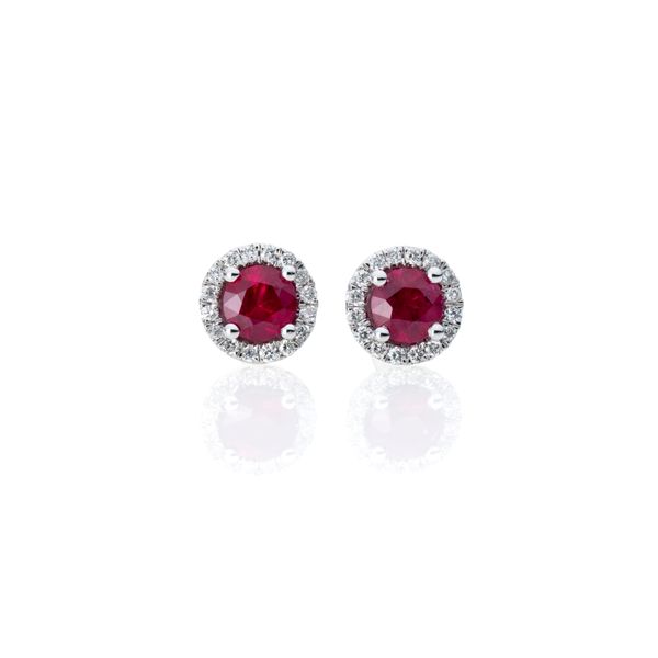 Ruby and Diamond Halo Studs  Heritage Fine Jewelers Rochester, NY
