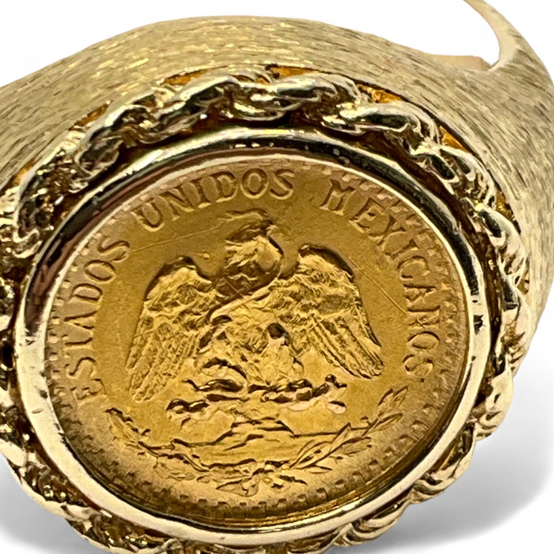 14k Yellow Gold 1945 Dos Pesos Mexican Gold Coin Ring Size 9.5