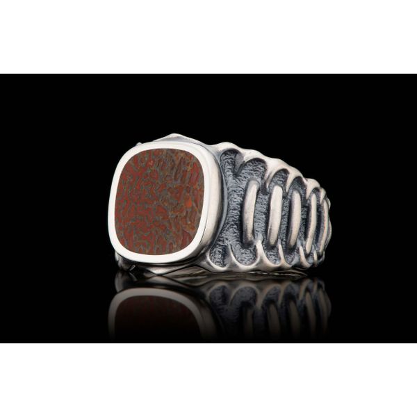 Echelon Ring with Dinosaur Bone inlay. The body is beautifully sculpted in Sterling Silver, with a side pattern inspired by the  Image 3 Hudson Valley Goldsmith New Paltz, NY
