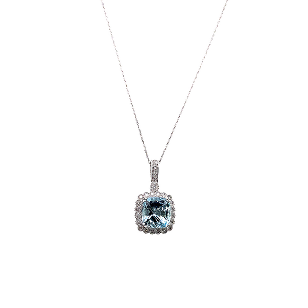 Aquamarine and Diamond Halo necklace Portsches Fine Jewelry Boise, ID