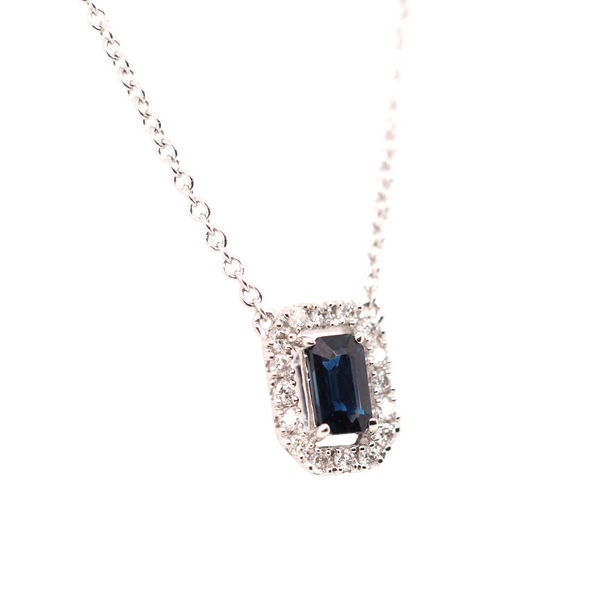 Sapphire Baguette Halo Necklace Image 2 Portsches Fine Jewelry Boise, ID
