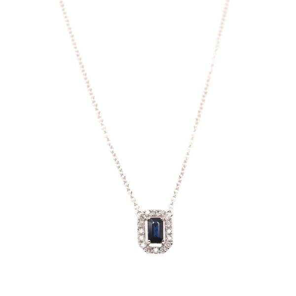 Sapphire Baguette Halo Necklace Portsches Fine Jewelry Boise, ID
