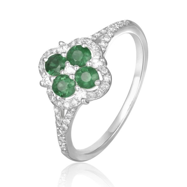 Luvente Emerald and Diamond Clover Design Ring James & Williams Jewelers Berwyn, IL