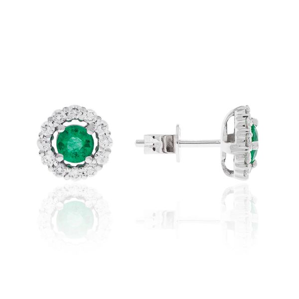 Luvente Emerald and Diamond Halo Stud Earrings James & Williams Jewelers Berwyn, IL