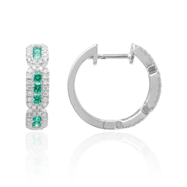 Luvente Diamond and Emerald Huggie Earrings James & Williams Jewelers Berwyn, IL