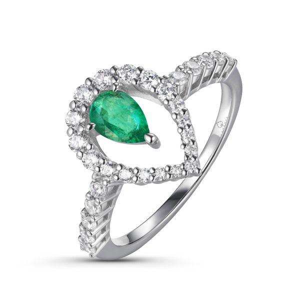 Luvente Emerald Pear-shape Halo Ring James & Williams Jewelers Berwyn, IL