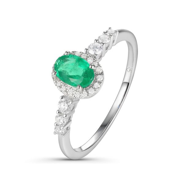 Luvente Emerald and Diamond Halo Ring James & Williams Jewelers Berwyn, IL
