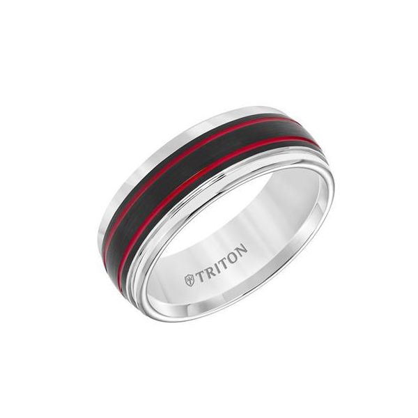 Triton 8MM White & Black Tungsten Wedding Ring With Fire Red Stripe James & Williams Jewelers Berwyn, IL