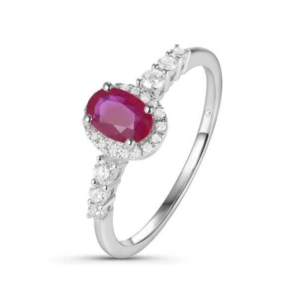 Luvente Oval Ruby and Diamond Halo Ring James & Williams Jewelers Berwyn, IL