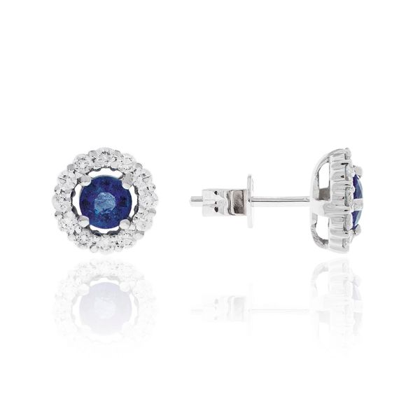 Luvente Sapphire and Diamond Halo Stud Earrings James & Williams Jewelers Berwyn, IL