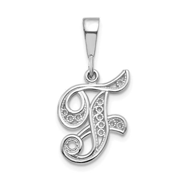 14KW White Gold Solid Polished Script Filigree Letter F Initial Pendant L.I. Goldmine Smithtown, NY