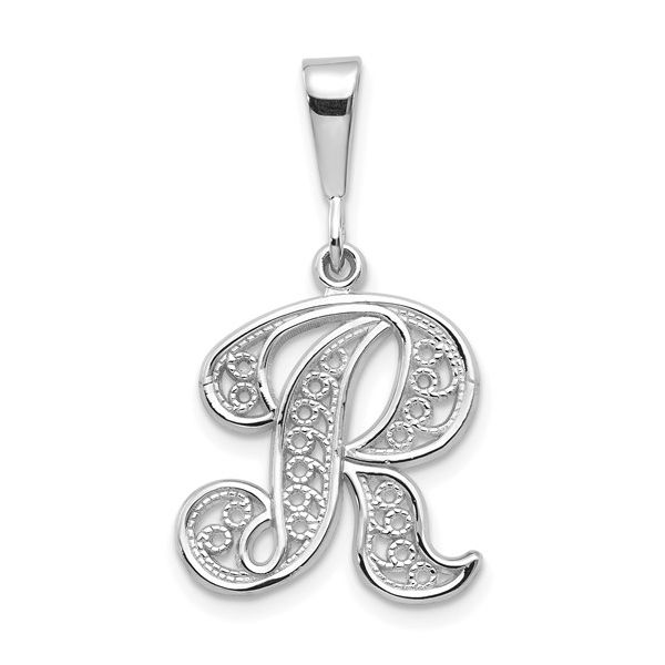 14KW White Gold Solid Polished Script Filigree Letter R Initial Pendant L.I. Goldmine Smithtown, NY
