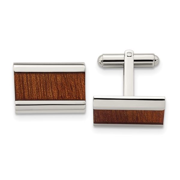 Stainless Steel Brown Koa Wood Inlay Rectangle Cufflinks