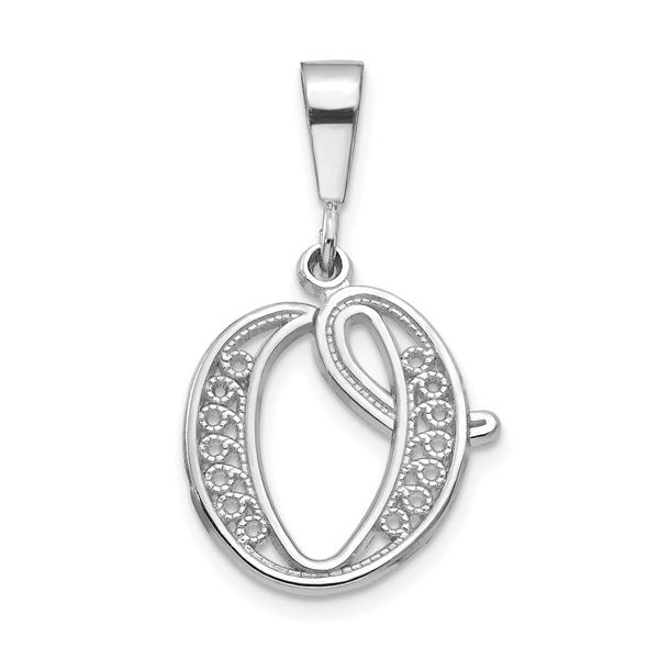 14KW White Gold Solid Polished Script Filigree Letter O Initial Pendant L.I. Goldmine Smithtown, NY