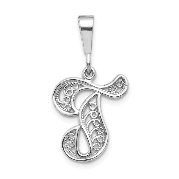 14KW White Gold Solid Polished Script Filigree Letter T Initial Pendant L.I. Goldmine Smithtown, NY