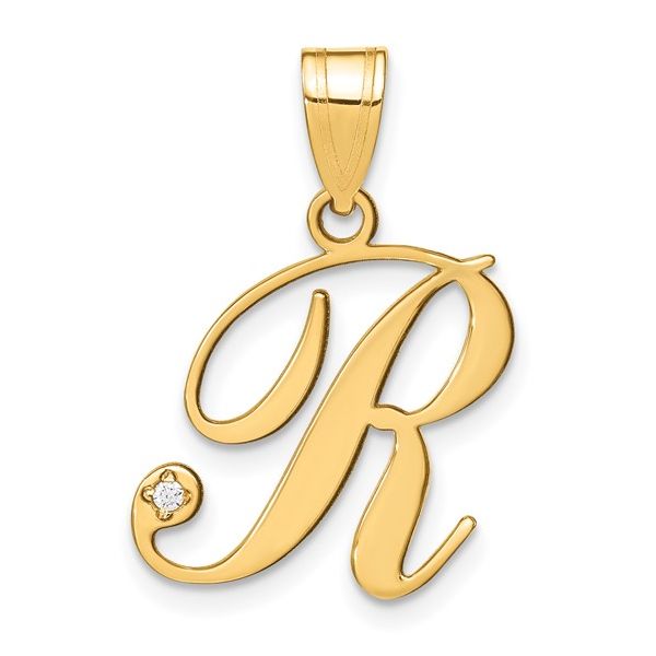 14KY Script Letter R Initial Pendant with Diamond L.I. Goldmine Smithtown, NY