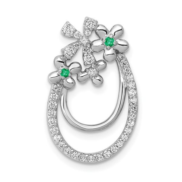14k White Gold Diamond and Emerald Flower Chain Slide