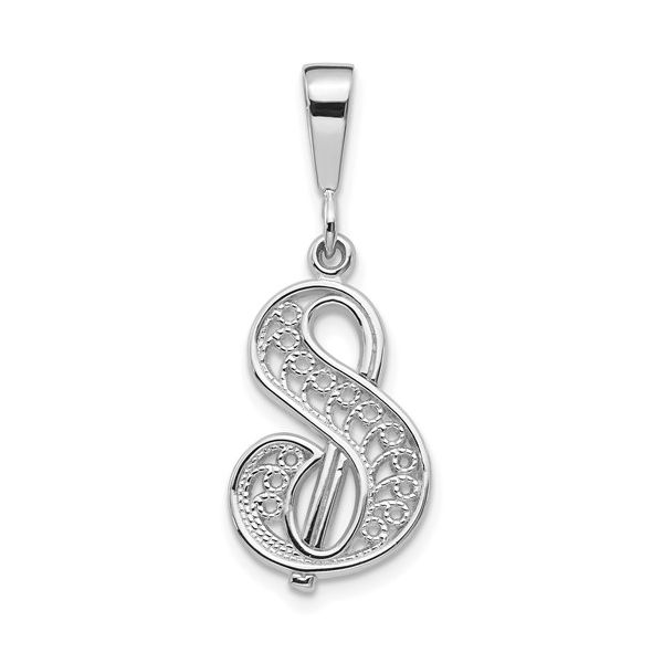 14KW White Gold Solid Polished Script Filigree Letter S Initial Pendant L.I. Goldmine Smithtown, NY