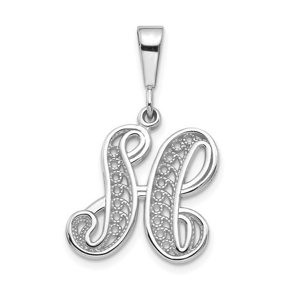 14KW White Gold Solid Polished Script Filigree Letter H Initial Pendant L.I. Goldmine Smithtown, NY