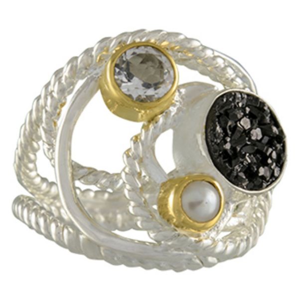 Sterling Silver/22K Vermeil Black Druzy/Pearl/White Topaz Ring McCoy Jewelers Bartlesville, OK
