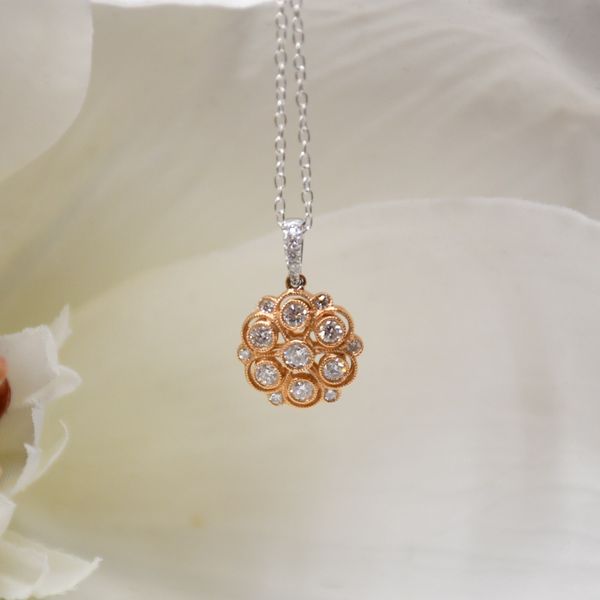 18K Two-Tone Rose, White Gold & Diamond Vintage Style Pendant McCoy Jewelers Bartlesville, OK