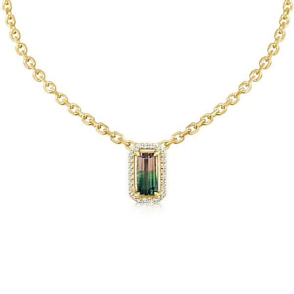 14k Yellow Gold Watermelon Tourmaline Diamond Halo Necklace Meigs Jewelry Tahlequah, OK