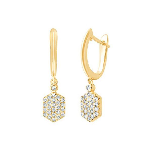 14K Yellow Gold Huggie Hoop Drop Hexagon Earrings
