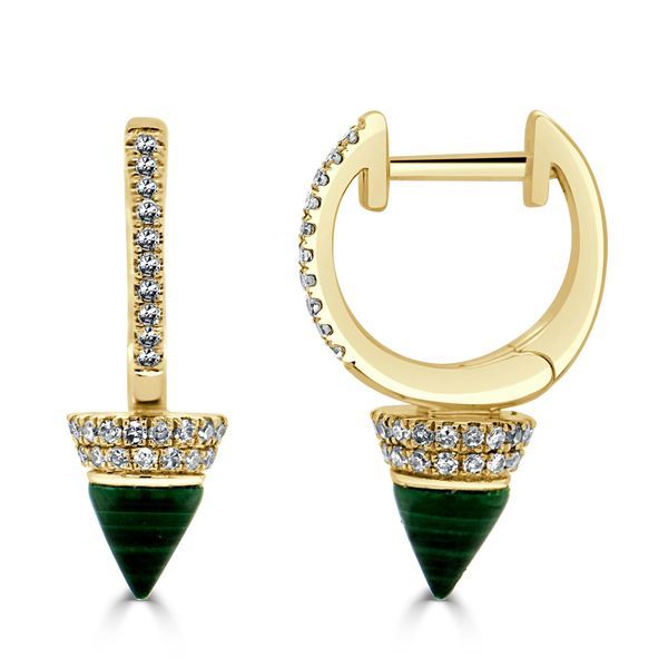 14k Gold Malachite & Diamond Spike Drop Huggie Earrings Image 2 Mystique Jewelers Alexandria, VA
